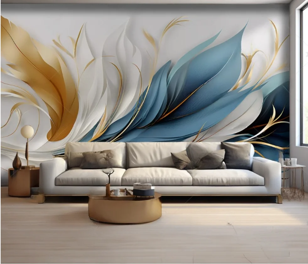 

Обои на заказ любого размера, современные синие, золотые, абстрактные перья, фото, фон для спальни, украшение стены, 3d обои