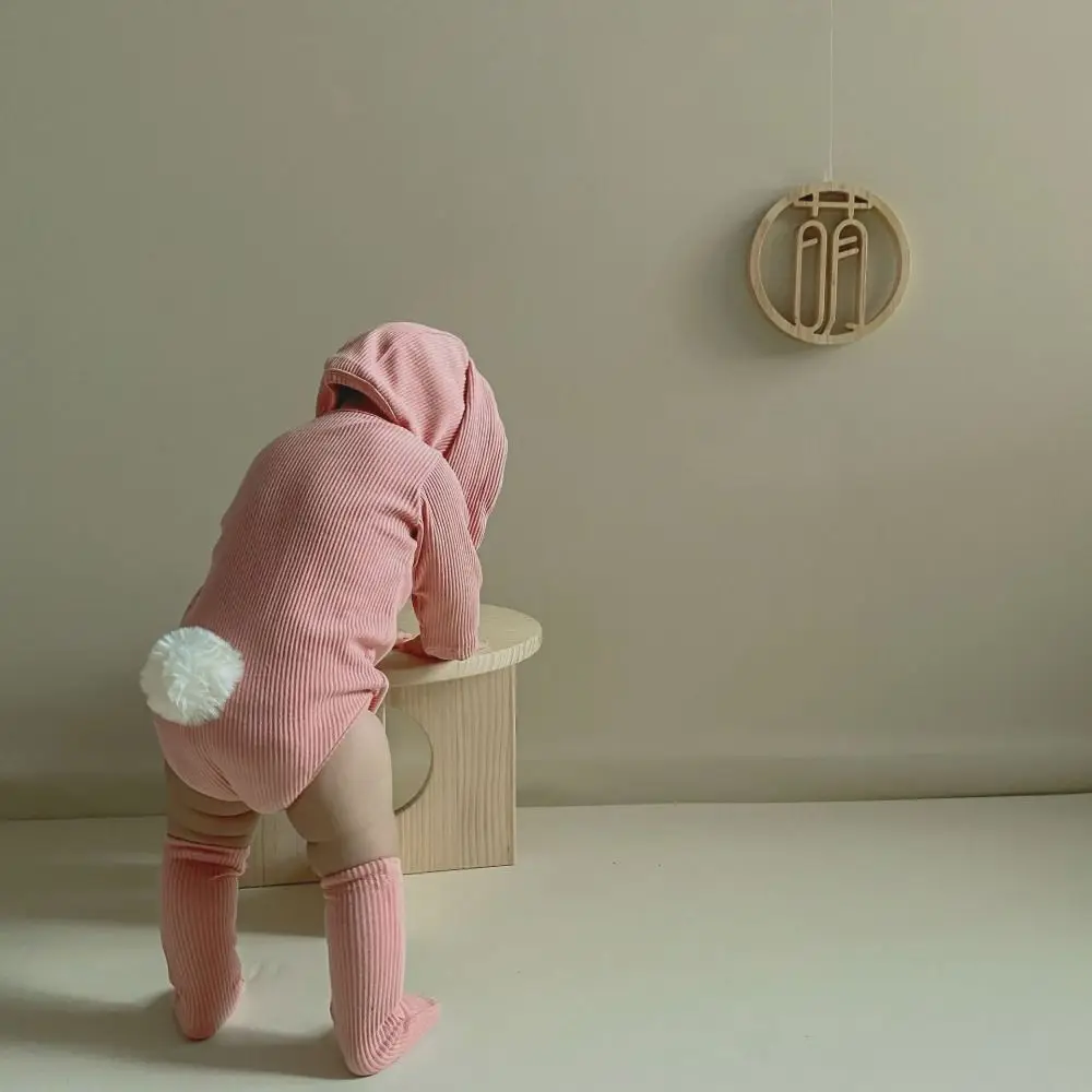 

Cotton Solid Rabbit Romper Sets 3 Pieces Set Solid Color Baby Bodysuit Ribbed Texture Ear Hat 3D Bunny Ear Newborn Baby