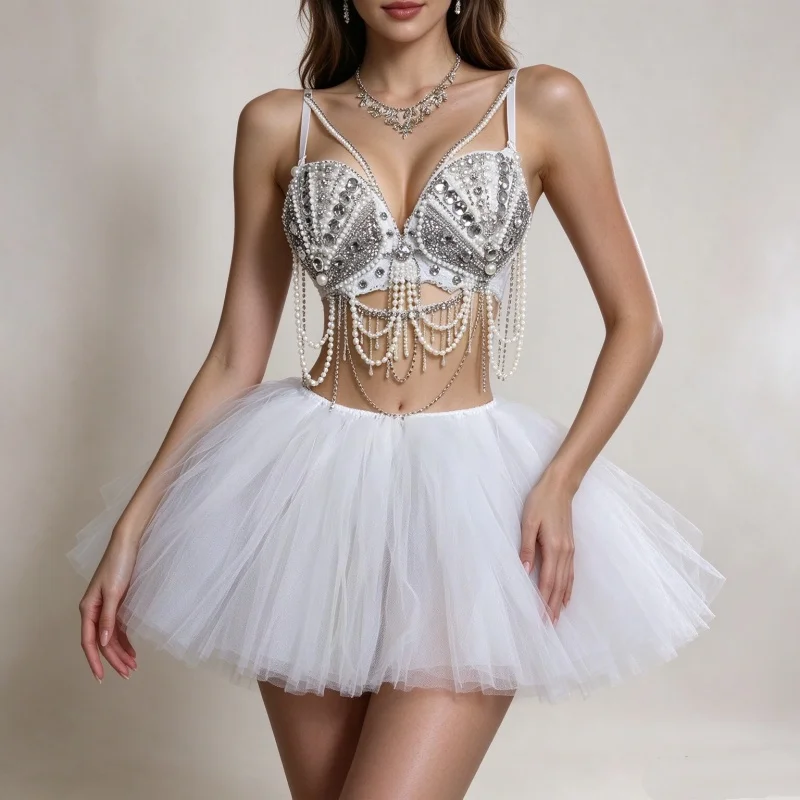 Women's Sexy White Pearl Crystal Bikini Set with Gauze Skirt for Bar Party Rave Dance DJ Disco Carnival Show Performance Costume