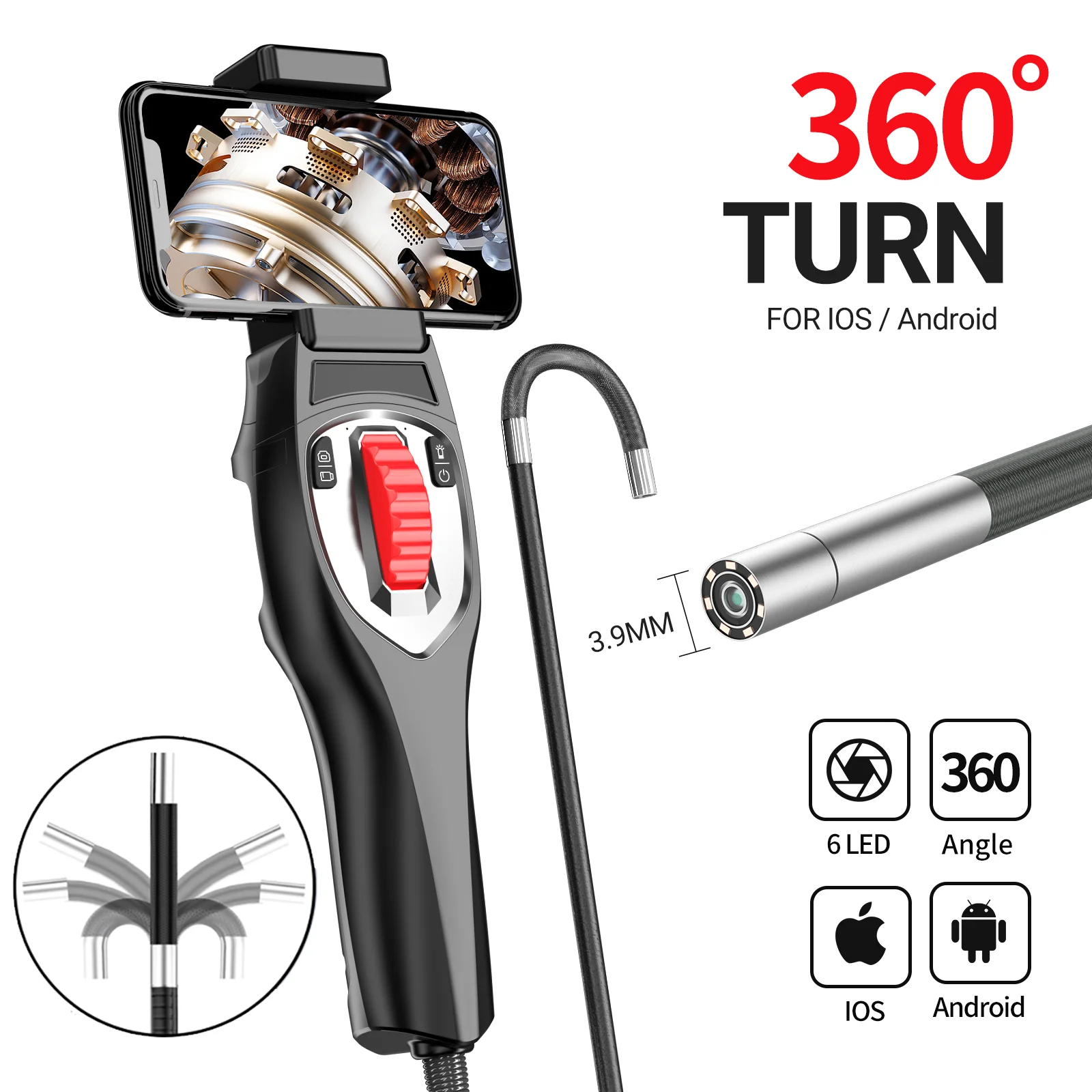 Endoscopio industrial de boroscopio articulado bidireccional de 3,9 mm con cabezal de cámara articulado para soporte automotriz IOS Android