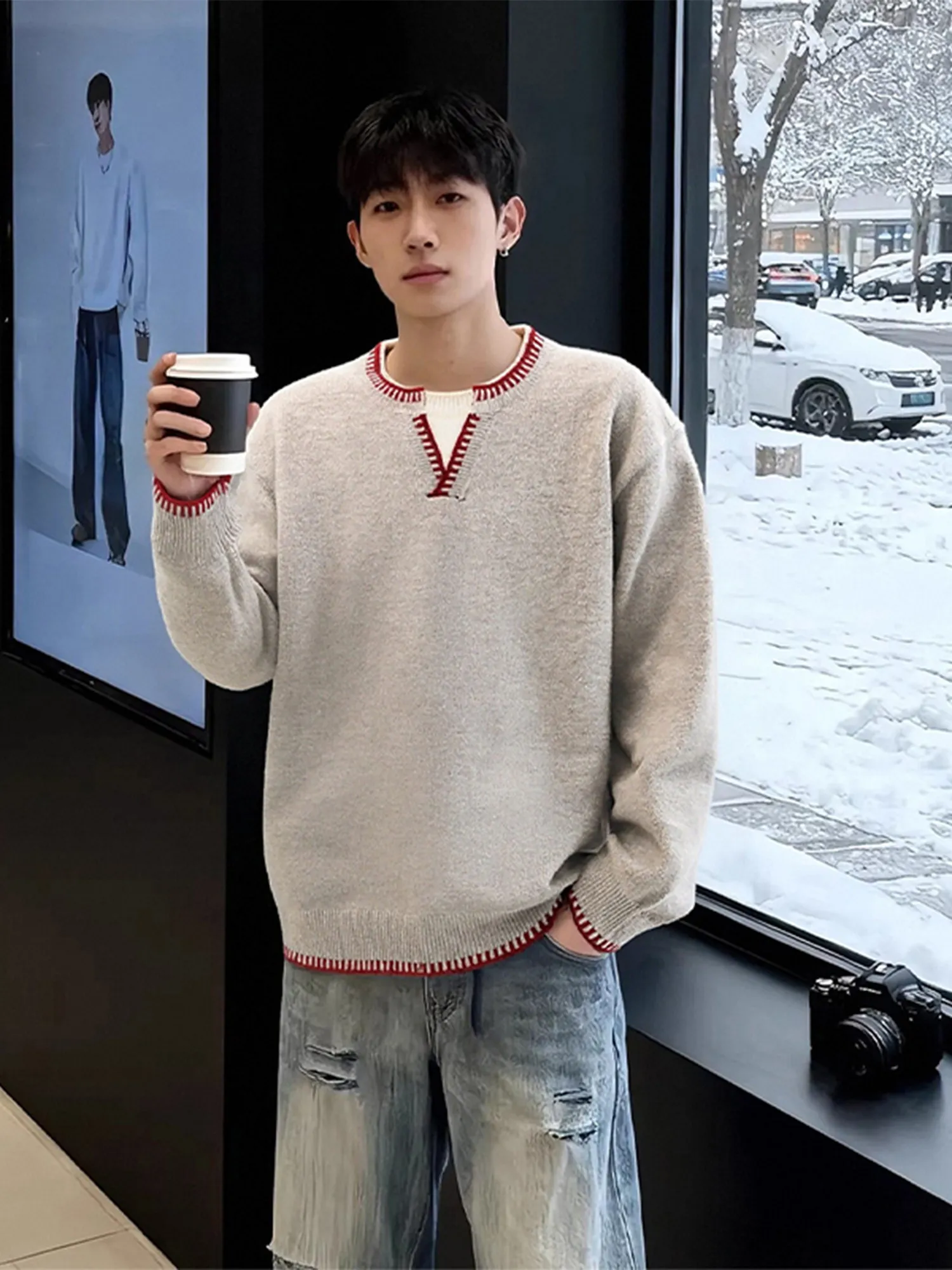 Pure cashmere color matching V-neck sweater men's winter new long-sleeved loose fake two-piece sweater