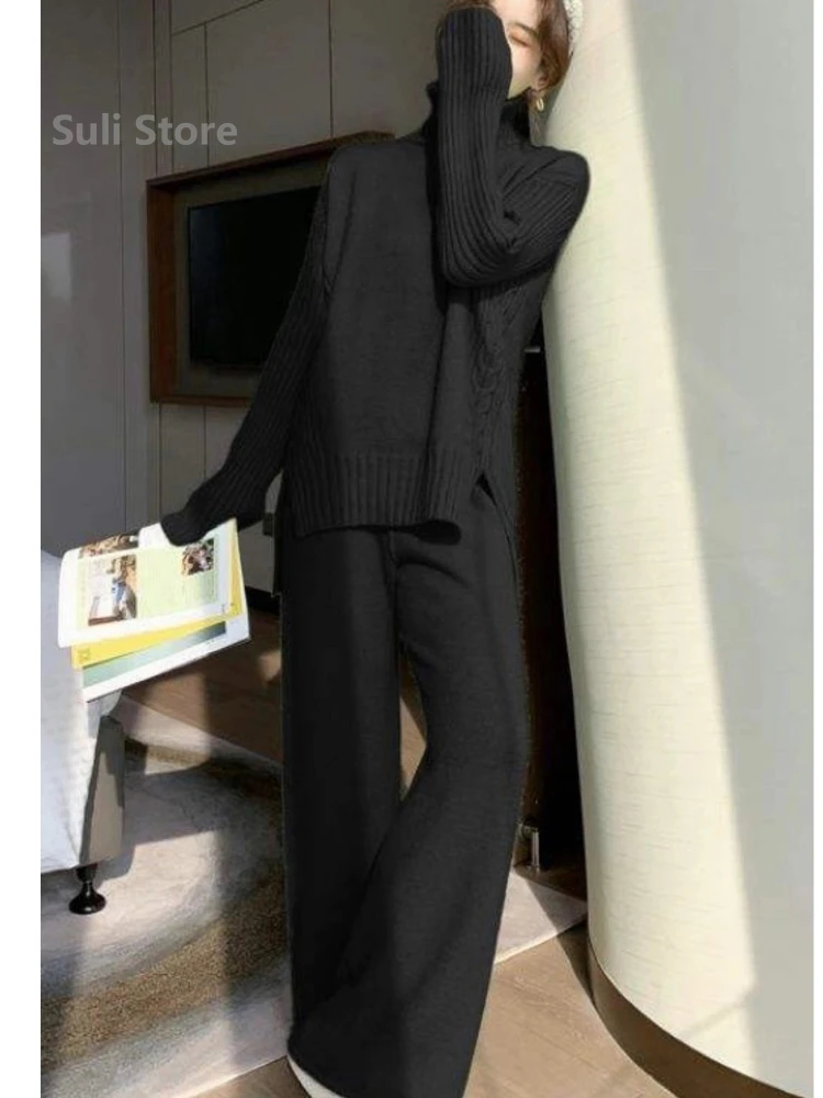 Wool 2023 Autumn and Winter New Loose Turtleneck Sweater Suit Female Western Style Fashion Wide Leg Pants Two-Piece Set Female