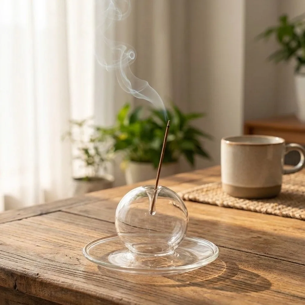 Creative Glass Ball Design Incense Holder With Tray Integrated Incense Burner Transparent Tabletop Incense Base Yoga