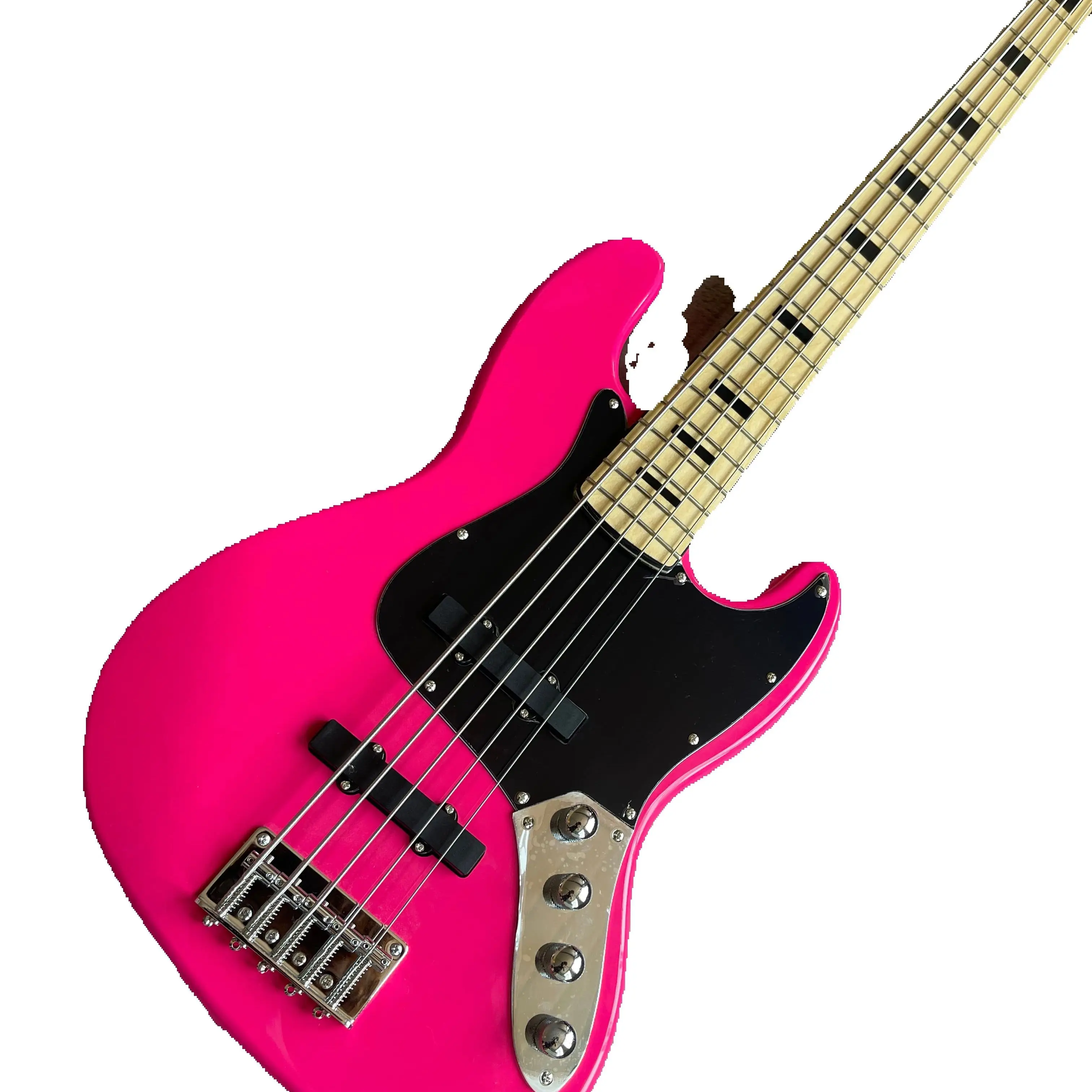5 strings dark pink bass guitar Maple neck Basswood body Black guard chrome-plated hardware active battery custom color