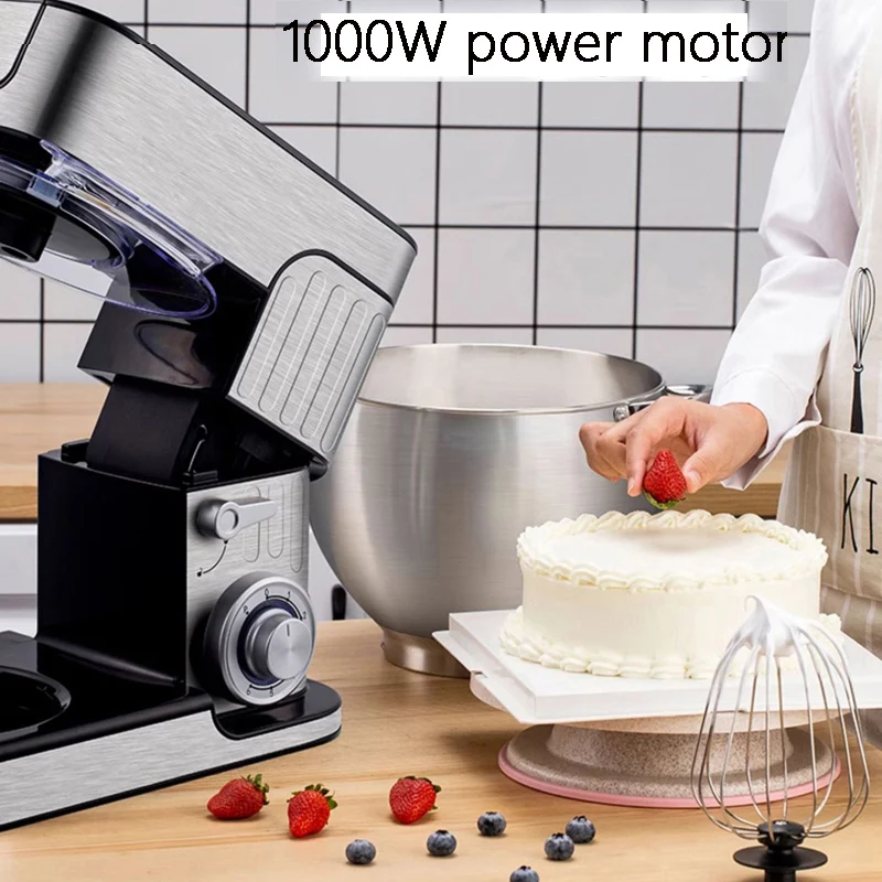 خلاط ستاند، خلاط كهربائي متعدد الوظائف برأس مائل 1000 وات مع وعاء من الفولاذ المقاوم للصدأ سعة 7 لتر