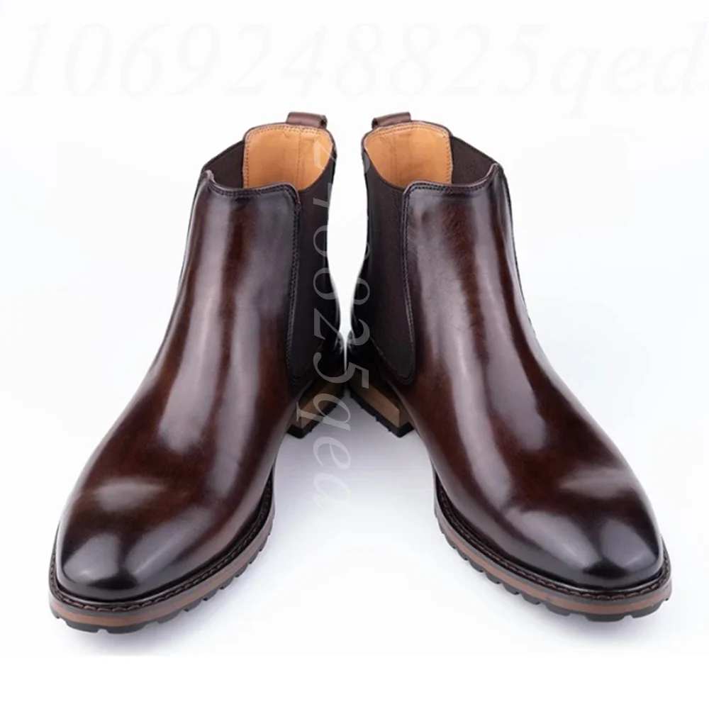 

Men's Vintage Dark Brown Burnished Leather Chelsea Boots, Elastic Side Panel Slip-On Dress Boots with Rugged Sole for Business