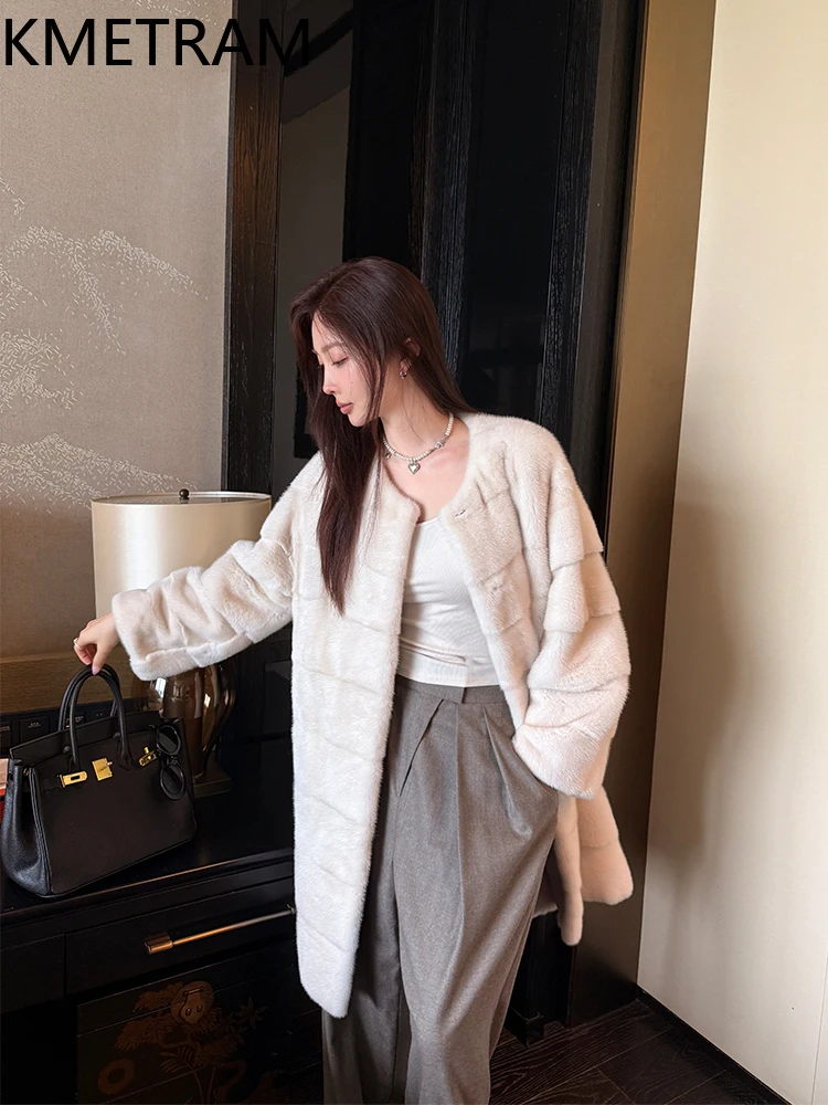100% Mink Fur Coatผู้หญิงหรูหรากลางความยาวขนสัตว์จริงคุณภาพสูงฤดูหนาวเสื้อผ้าผู้หญิงFurryแจ็คเก็ต 2025ба
