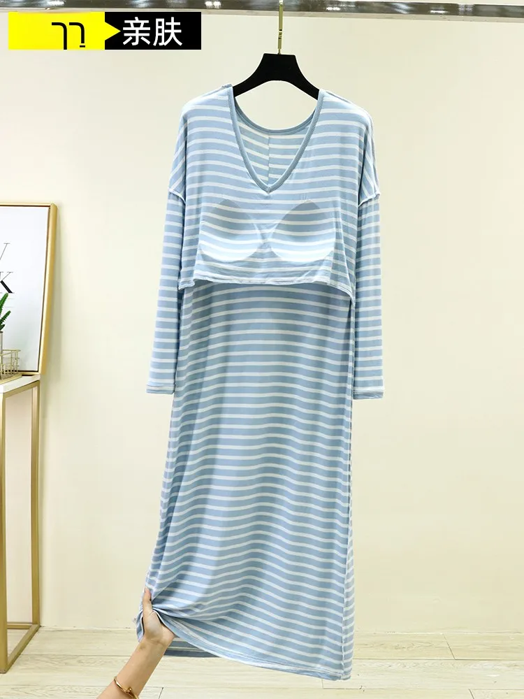 

Modal Long Sleeve V-Neck Striped Dress Women's Spring Summer Home Cotton Style Long Dress Can Be Worn outside Large Casual Skirt