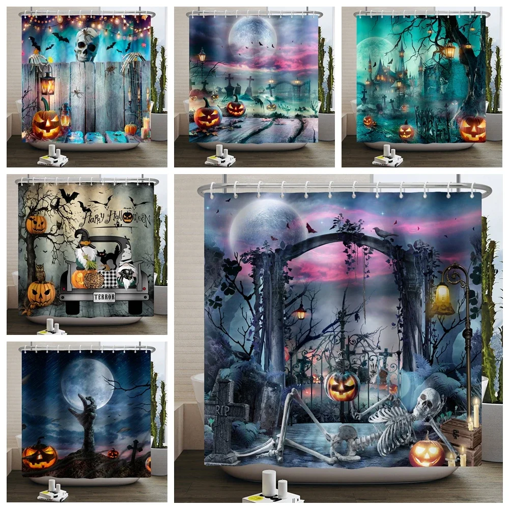 Halloween Shower Curtain Horror Moon Night Pumpkin Skull Skeleton Scary Castle Witch Ghost Cemetery Waterproof Bathroom Curtains