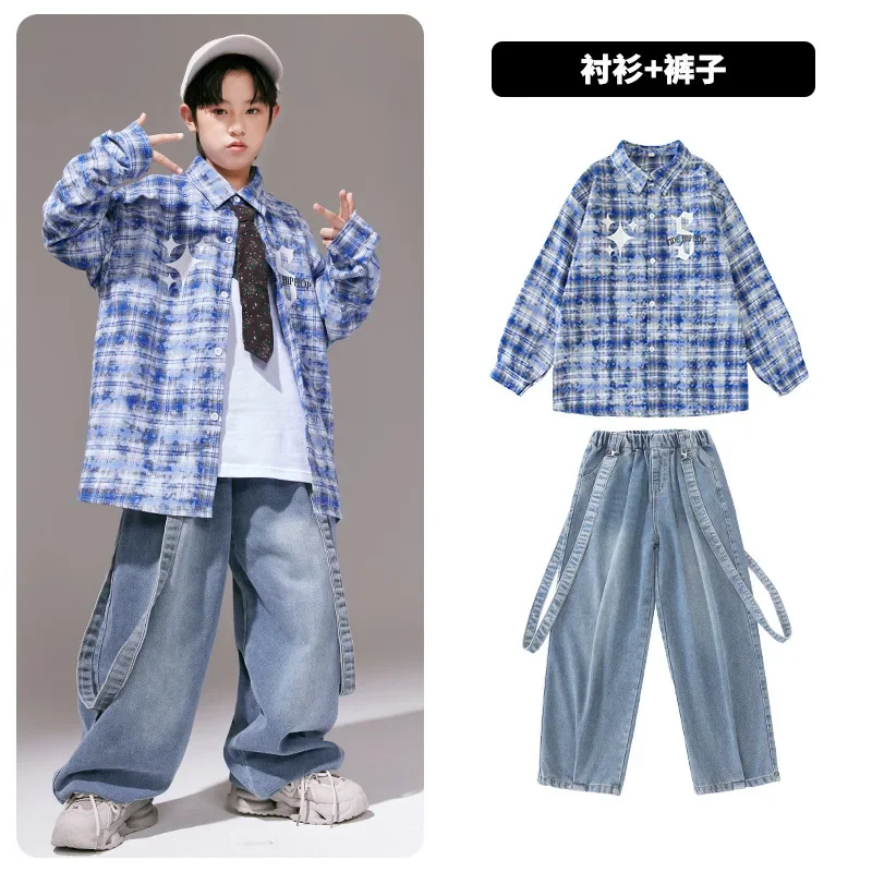 Kids Hip Hop Clothes Sets Denim Vest + Plaid Shirt + Loose Pants Jeans Boys Street Dance Costume Girls Jazz Performance Suit