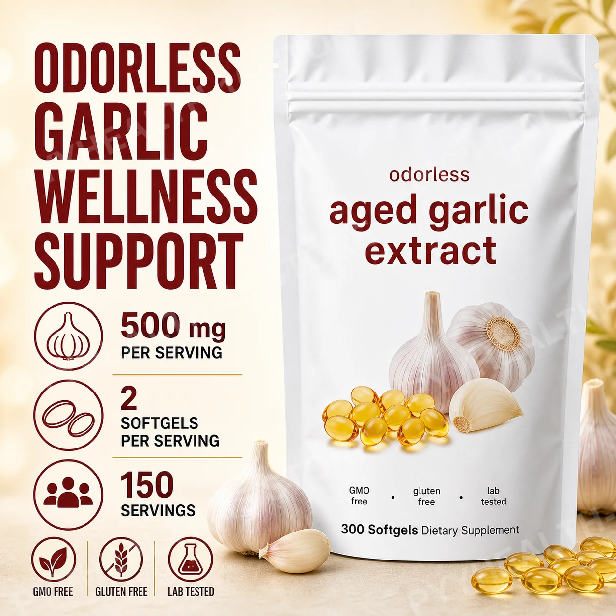Odorless Aged Garlic Extract Softgels 300 Count 500mg Per Serving Non GMO Gluten Free Plant Based Daily Nutritional Supplement