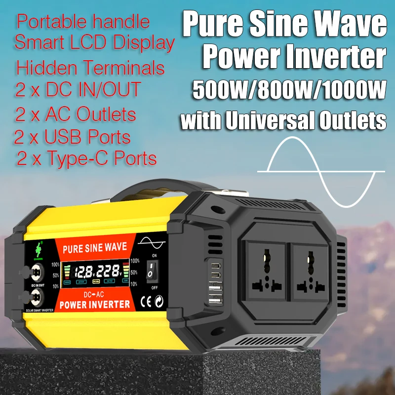 Pure Sine Power Inverter - 500W/800W/1000W DC12V To AC 220V Portable Heavy-Duty Converter for Cars, RVs & Outdoor Adventures