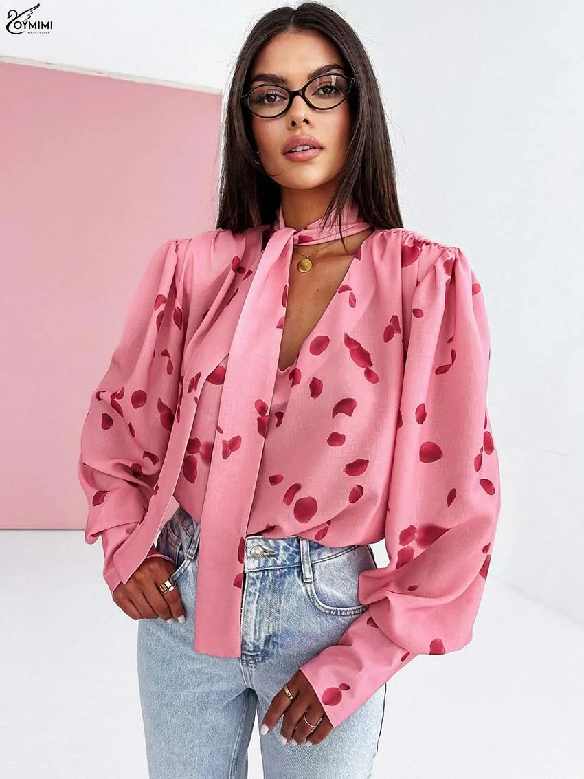 

Oymimi Fashion Pink Print Women's Blouse Elegant V-Neck Long Sleeve Lace-Up Blouses Casual New Loose Blouses Female Clothing