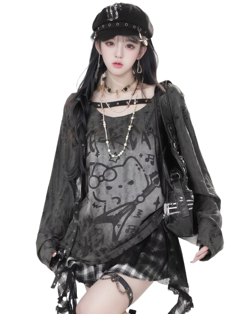 

Cat Slanted Shoulder Long-sleeved T-shirt Women's Spring and Summer Lazy Wind Hollow Out Sunscreen Casual Spice Girl Blouse Top