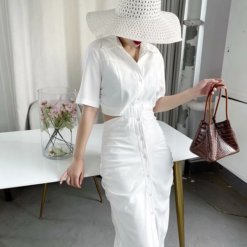 Dress For Women 2023 Autumn New Half Sleeve Solid Hollow Out Button Turn-down Collar Fashion Elegant Casual Loose Straight Dress