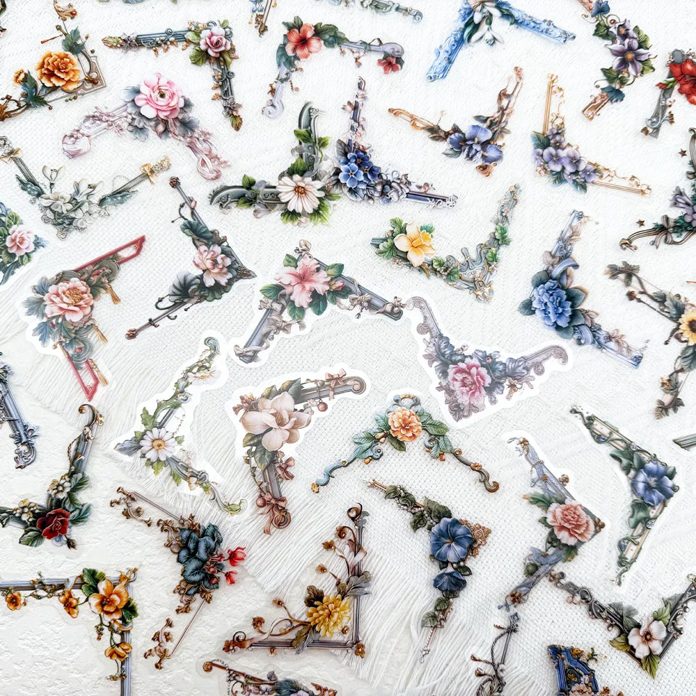 50pcs Flower Frame Transparent PET Stickers Decals For Phone Laptop Luggage Scrapbook Guitar DIY Aesthetic Waterproof Stickers