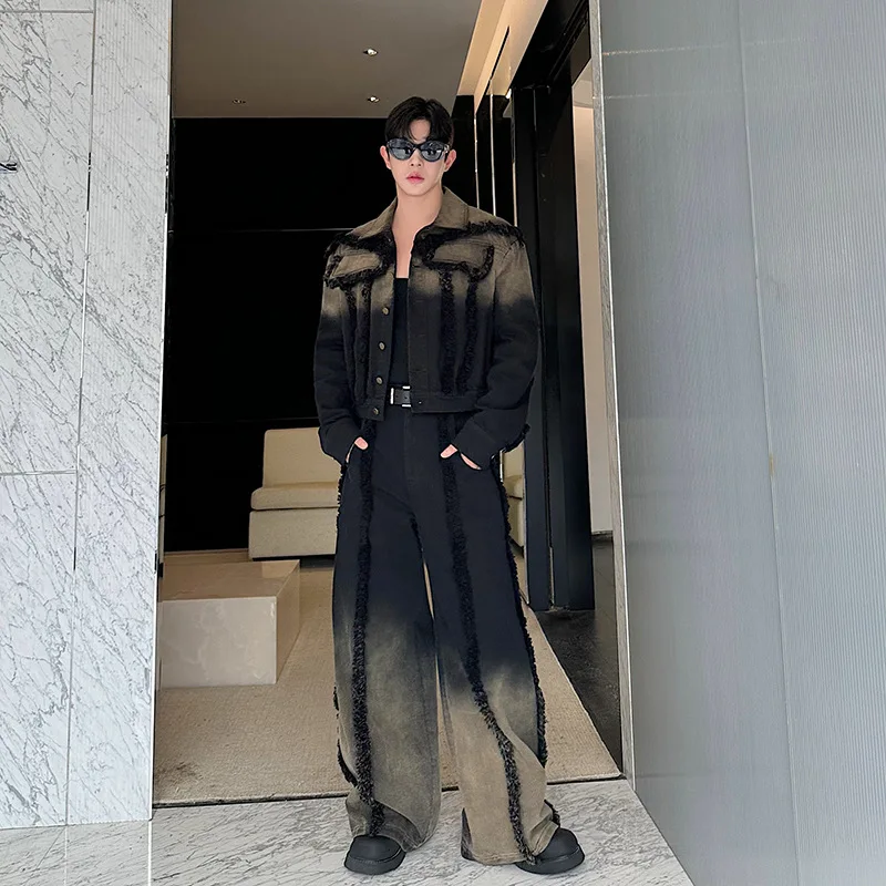 

Korean High Street Gradient Jeans Baggy Pants Fashion Denim Jacket and Wide Leg Pants Set Y2k Men Clothing Japan Streetwear