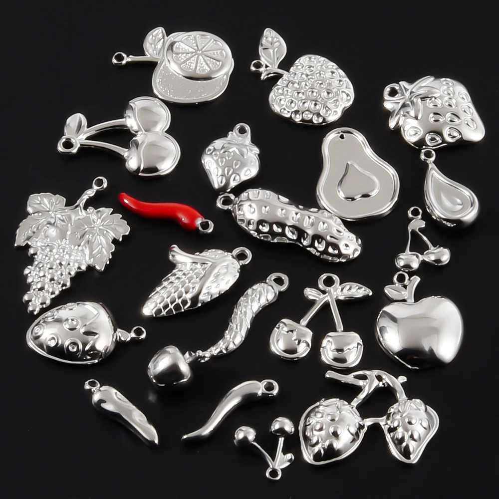5pcs Multistyle Food Accessories Chilli Pepper Cherry Stainless Steel Pendant For Jewelry Making Charm Breloque Acier Inoxydable