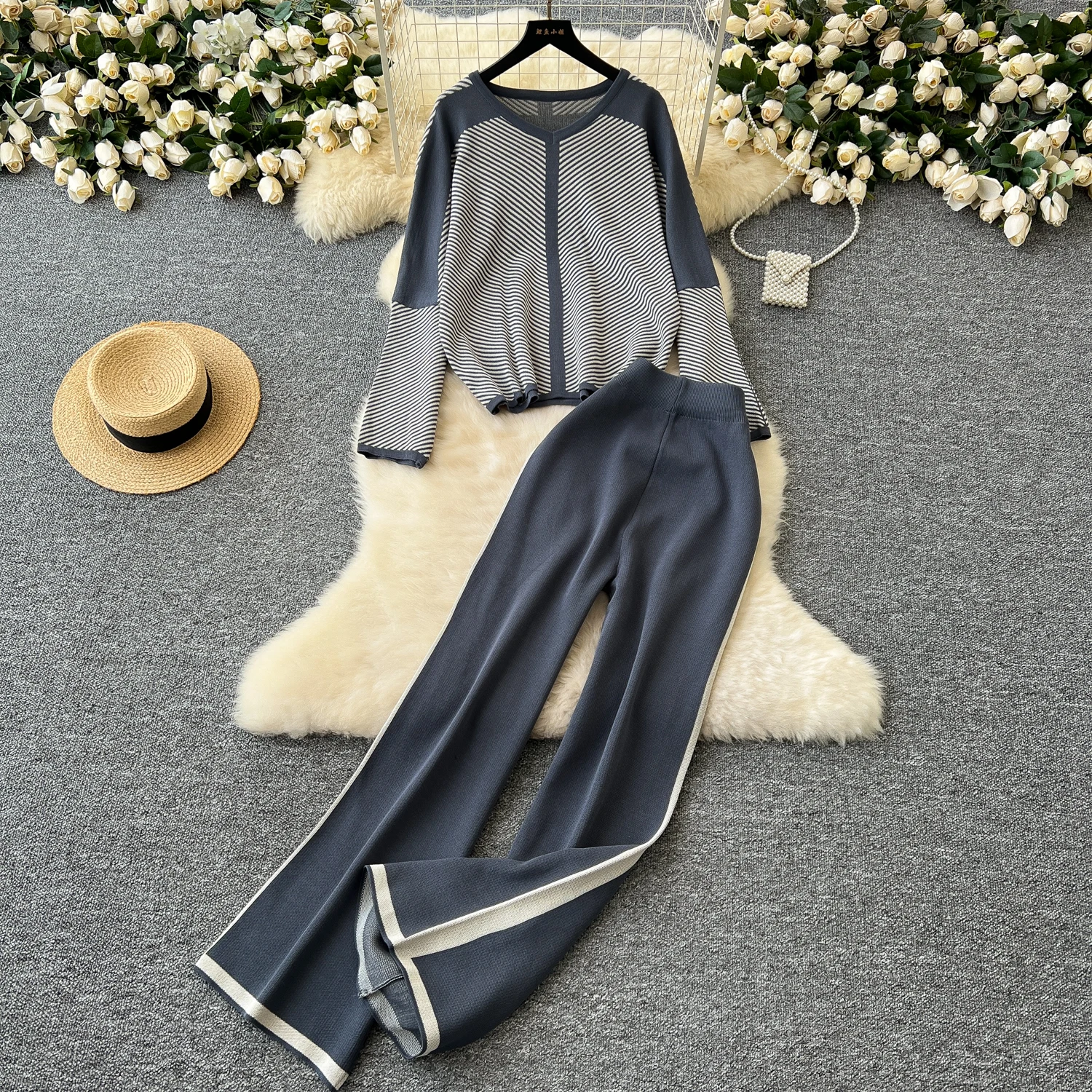 Women Knit Two Pieces Set Zipper Batwing Sleeve Knitted Cardigan + High Waist Long Pants Clothing Suits