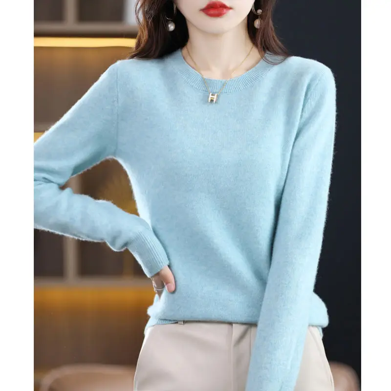 

100% autumn and winter new pure woolen sweater women's knitted bottoming shirt round neck cashmere sweater foreign style Joker.