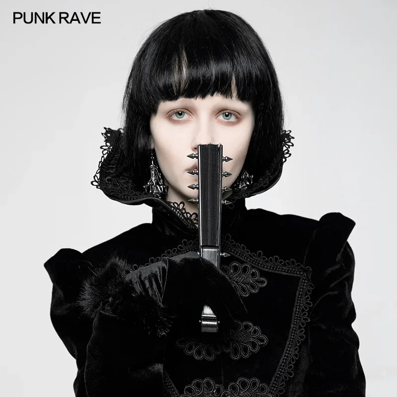 PUNK RAVE Punk Visual Kei Black Solid Fabric Rivet Unisex Hand Fan Goth Performance Accessories Cosplay