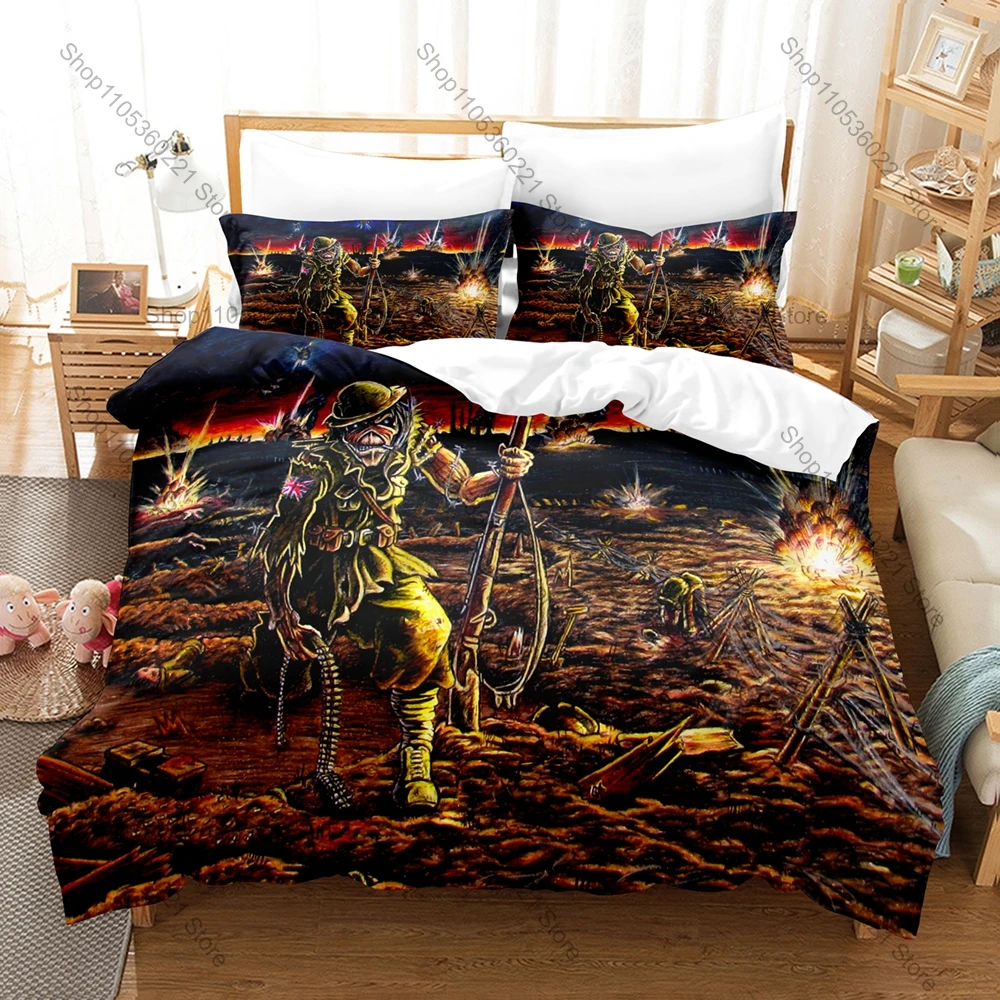 Maiden Heavy Metal Duvet Cover + 2 Pillowcases Classic Rock Band Eddie Mascot Skull Print Bedding Soft Fabric Bedroom Decor