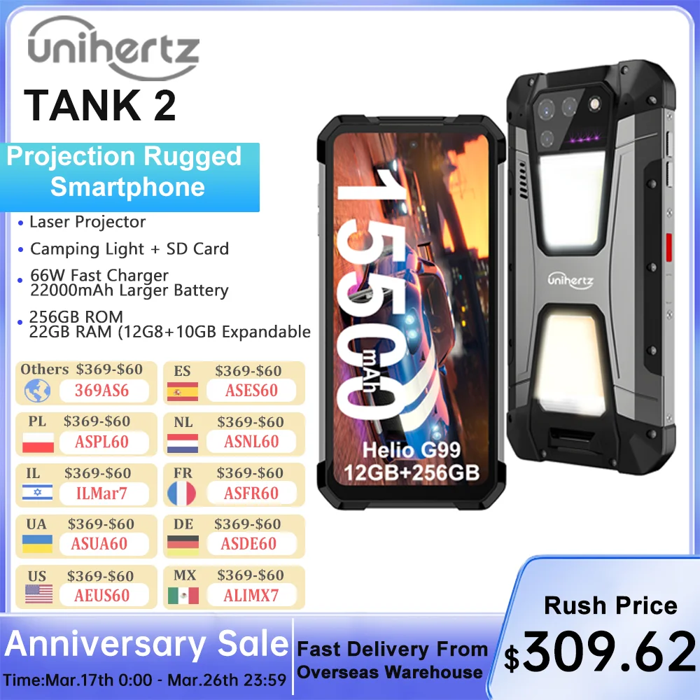 Unihertz-8849 Tanque 2 Smartphone Projetor, Smartphone Robusto, 24GB de RAM, 512GB ROM, 108MP, 64MP Super Night Vision, G99, 15500mAh, EUA MX AU estoque da UE