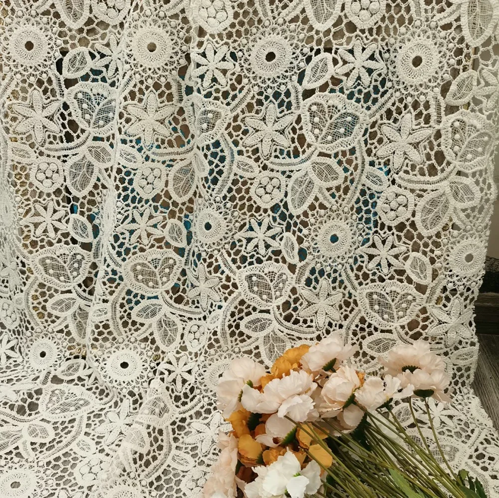 High-end exquisite water-soluble hollow cotton rope embroidered fabric, wedding lace fabric designer embroidered cloth by meter