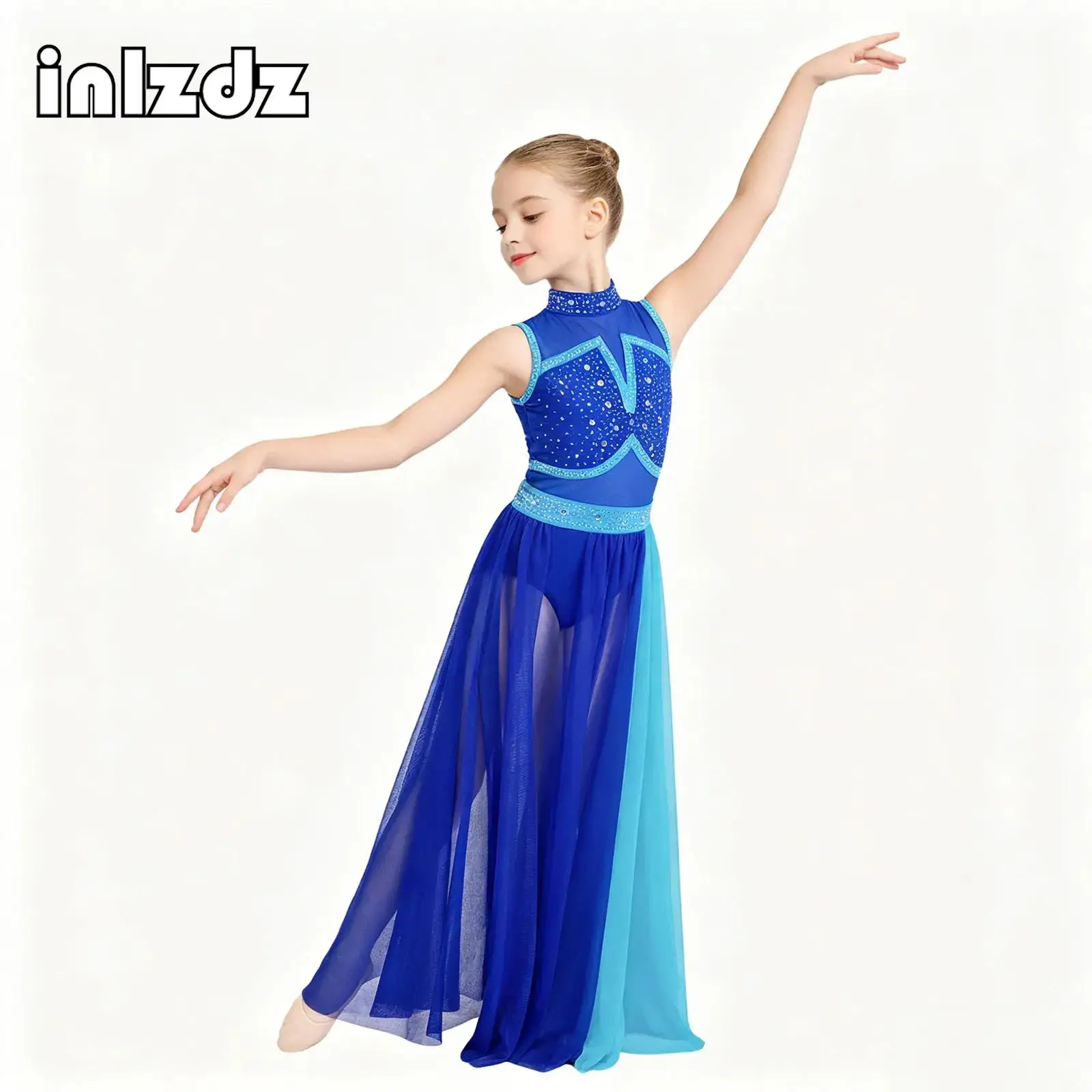

Girls Figure Skating Bodysuit Dresses Lyrical Dance Contemporary Sparkly Rhinestone Sleeveless Dress Kids Performance Clothig