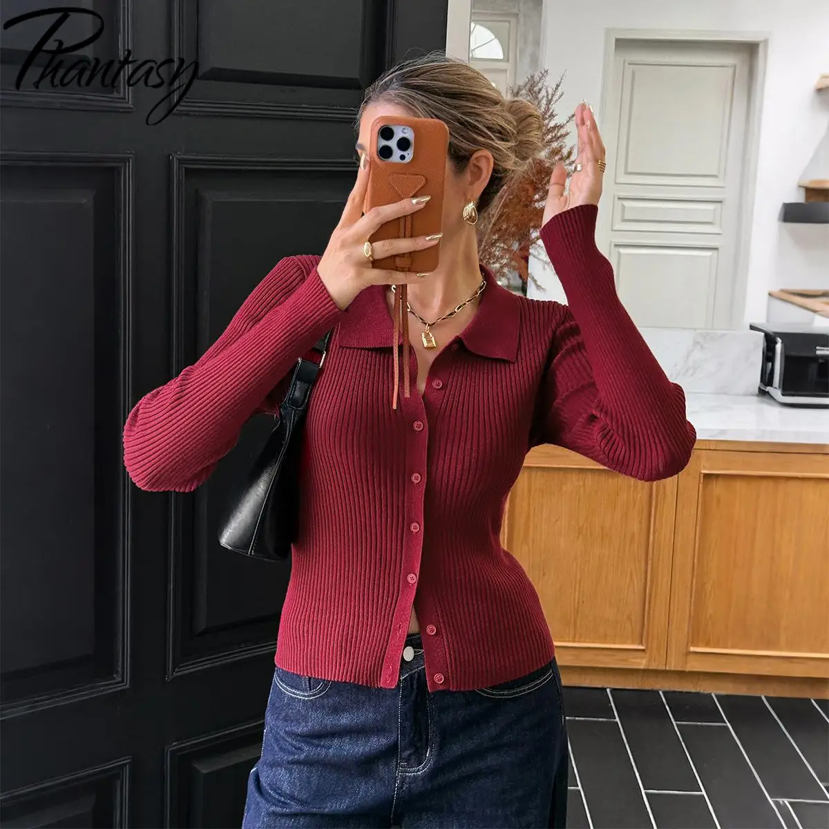 Phantasy Bottoni sexy con scollo a V Cardigan rosa Top slim a maniche lunghe invernali Elegante camicetta classica da donna da ufficio Top vintage