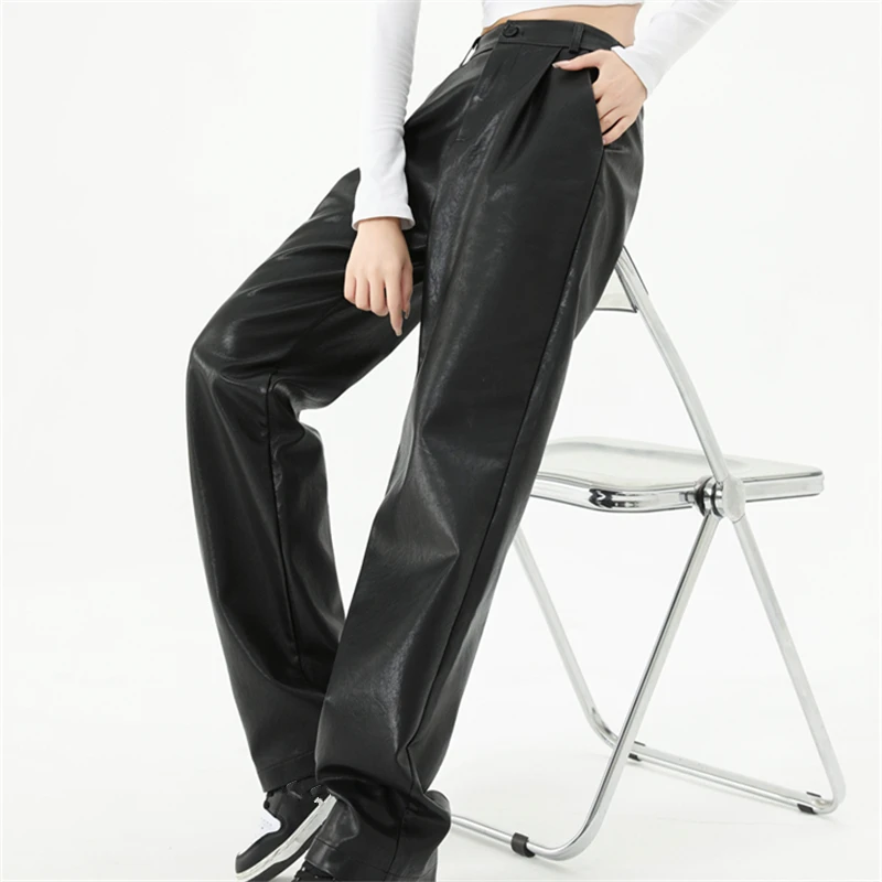

2024 New Autumn Winter Black PU Leather Women's Wide Leg Pants High Waist Buttons Vintage Straight Loose Pants Female