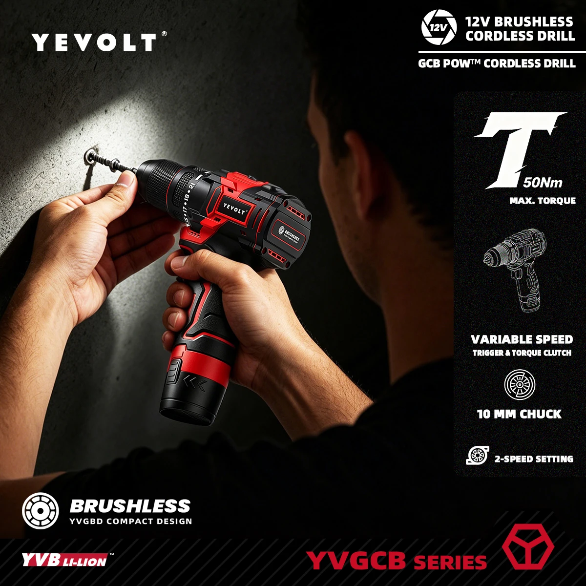 12V Brushless Cordless Drill, 50Nm Max Torque, 2-Speed Power Drill Driver Set with Lithium-Ion Battery for Wood Metal Drilling