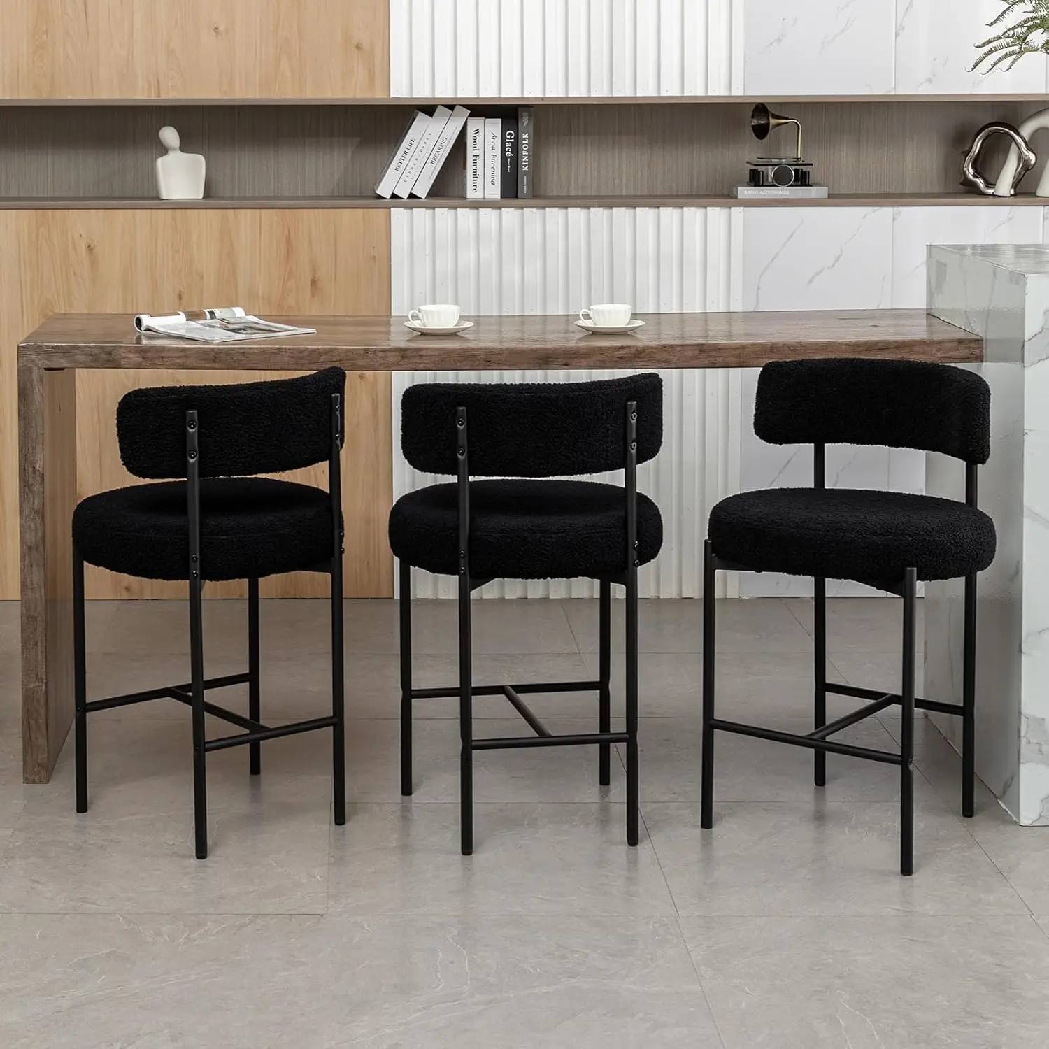 

Counter Height Bar Stools Set of 3, Modern Barstools with Curved Back, Black Boucle Counter Stools for Kitchen Island, Dining Ro