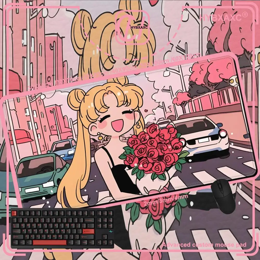 

Милые коврики для мыши с рисунком S Moon для девочек, геймерский ПК, компьютер, большой настольный коврик XXL, 90x40, клавиатура с цветком розы, игровые аксессуары, коврик для мыши