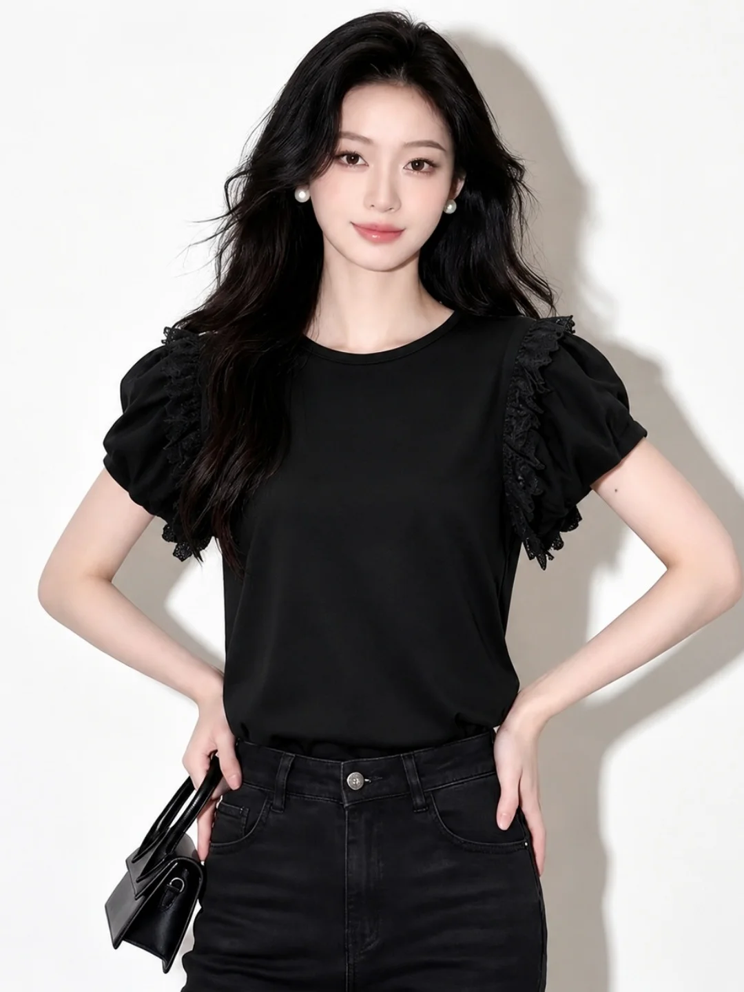 

Summer Design Simple Match T-Shirt Lace Splicing Bubble Sleeve Women's Crew Neck Short Sleeve Elegant Style Commute Style
