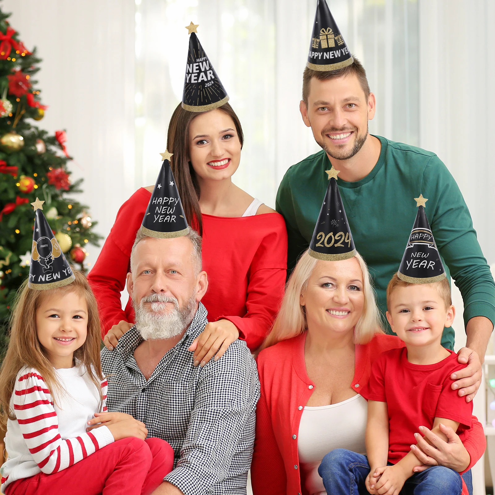 

6Pcs New Year Paper Cone Hats 3D Design Lightweight Party Hats 2024 Happy New Year Eve Party Favors Paper Cone Hat