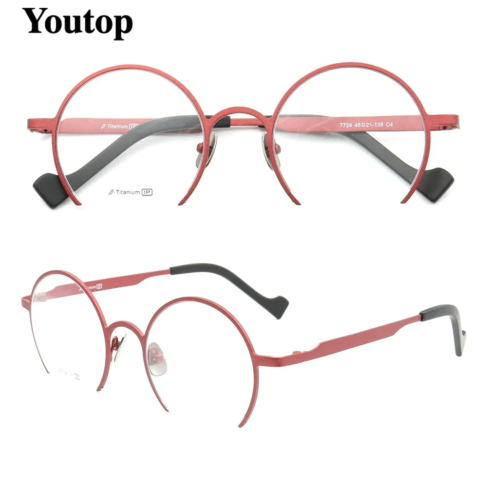 Half Rim Women Round Eyeglass Frame Men Pure Titanium Retro Light Metal Glasses Frames Vintage Nerd Rx Spectacles Red Eyewear