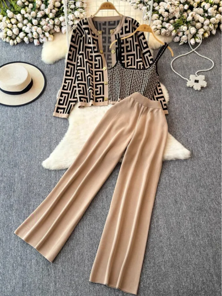 New Fashion 3 Piece Knit Sets Women Sexy Vest Long Sleeve Sweater Cardigan Elastic Waist Pants Women\'s Tracksuit Knitted Suits