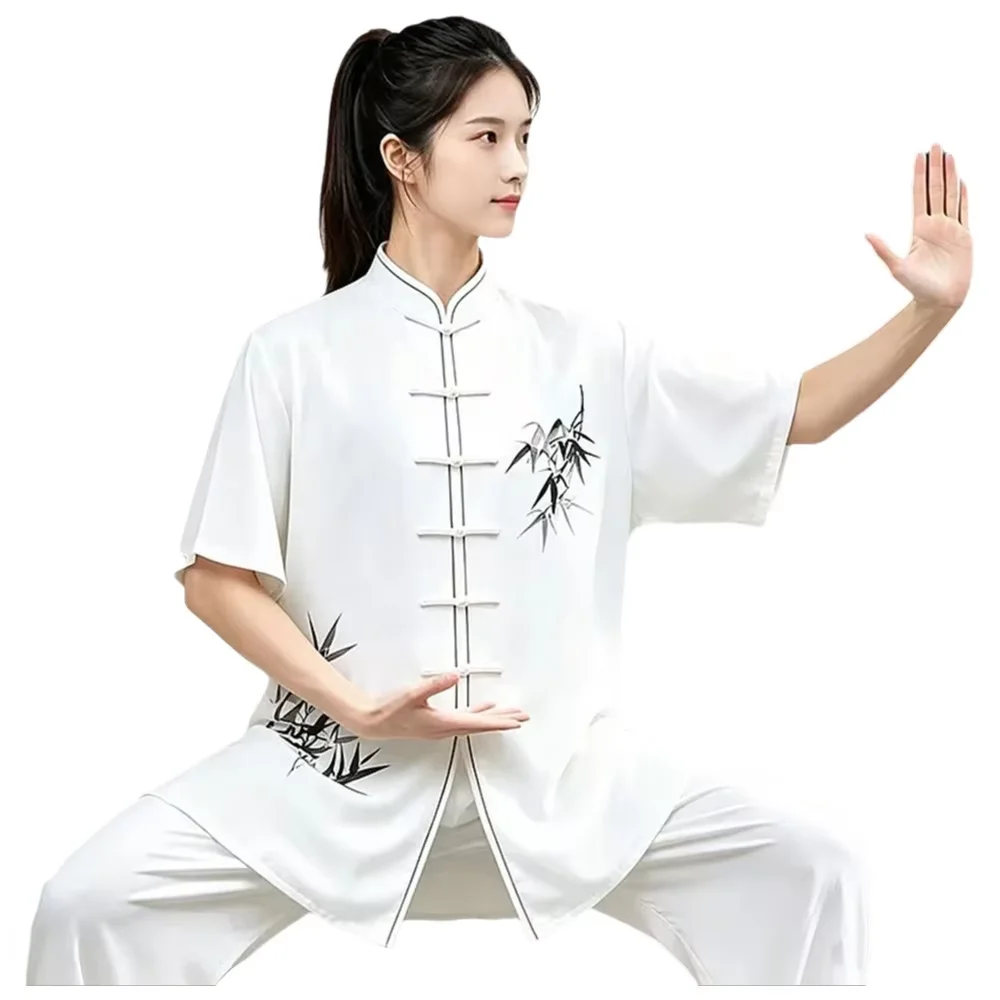 New Women Summer Tai Chi Suit Cotton Linen Thin Bamboo Print Chinese Martial Arts Practice Uniform High End Set Outfit