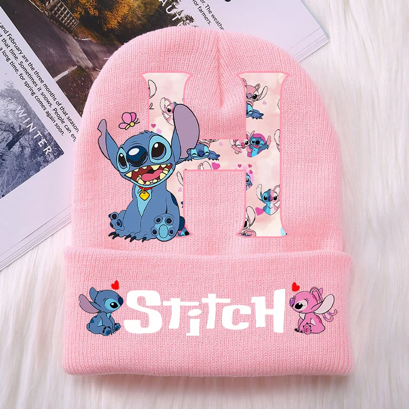 Cute Stitch Disney Baby Hats Knitted Hats Kawaii Cartoon Letter A-Z Printed Beanie Children Casual Warm Hat Autumn Girl Clothing