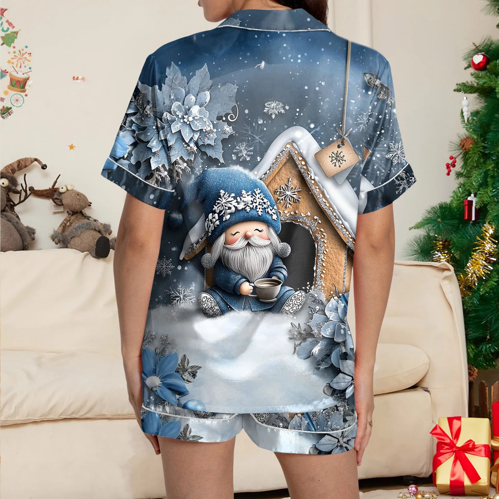 2 Piece Pajamas Women\'s Casual Christmas Printed Pajama Set With Silk Satin Short Sleeved Button Up Top And Shorts Set Sleepwear