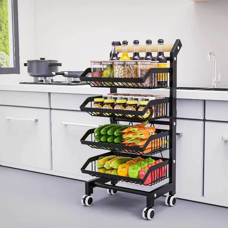 Kitchen Snack Cart with Wheels, 4-Tier Adjustable Metal Wire Fruit Vegetable Basket Rack, Storage Cart Rolling Pantry Utility