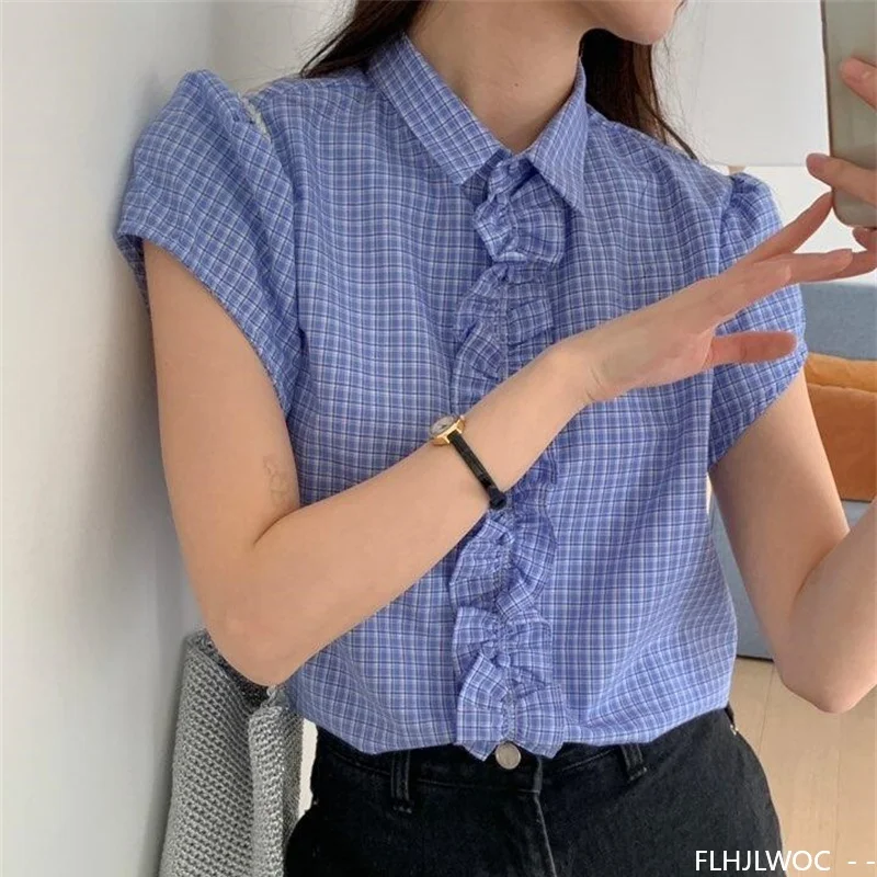 Chemises à carreaux mignon doux Style japonais filles Y2K Design offres spéciales femmes été décontracté rétro Vintage bleu volants Chic chemises