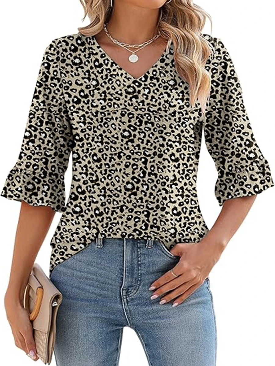 Latest Plus Size Women Leopard Print Blouse V Neck Half Ruffle Sleeve Casual Loose Pullover Shirts Elegant Fashion Tunic Tops