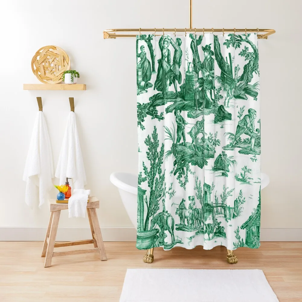 Green and White Toile de Jouy Shower Curtain Waterproof Shower And Anti-Mold Shower Bath Window Set For Bathroom Curtain