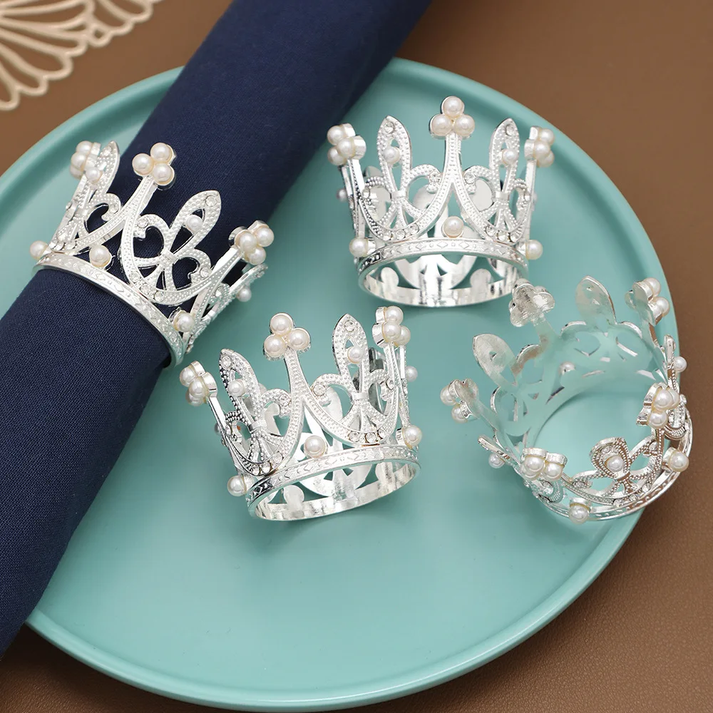 12pcs/lot New simulation crown napkin ring pearl diamond napkin ring wedding table setting table napkin buckle cloth ring