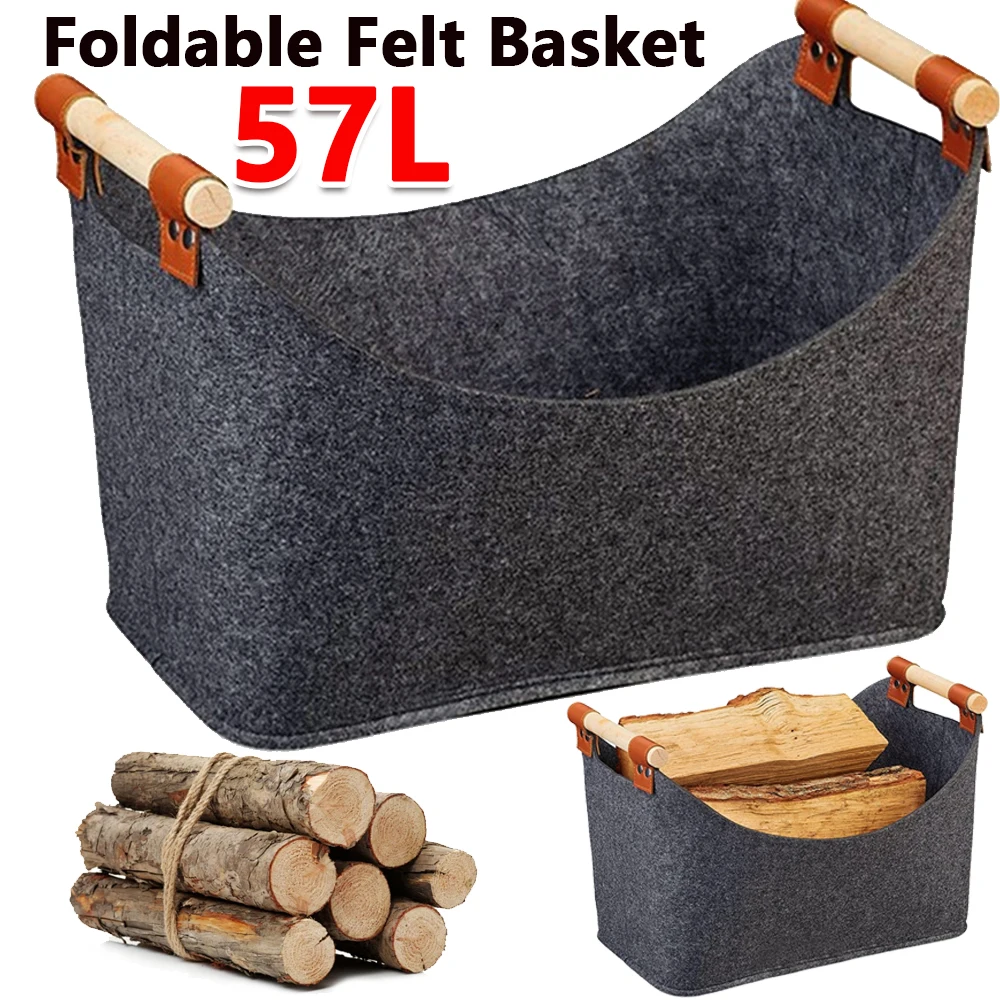 

Foldable Wood Basket with Wooden Handles 57 L Foldable Clothes Storage Basket Large Capacity Fireside Wood Carrier Holder Bag