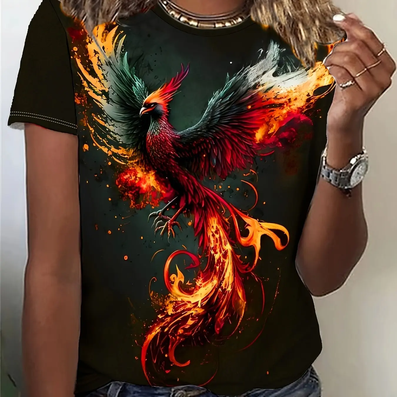 Camiseta de mujer con estampado gráfico de Myth Phoenix, moda Retro informal de calle con cuello redondo, ropa de verano de gran tamaño para mujer de talla grande