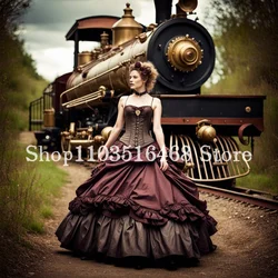 Historical Fluffy Victorian Prom Dress Vintage Tan Halter Corset Corset Pleated Gothic Punk Steam Party Dress فساتين سهرة