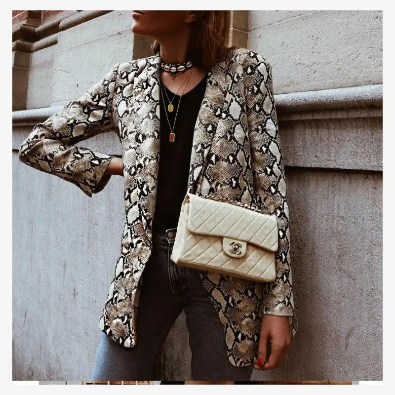 Faionable traje con estampado de serpiente Jaet mujer Casual largo Sve prendas de vestir exteriores estampadas corte recto Sle versátil primavera otoño